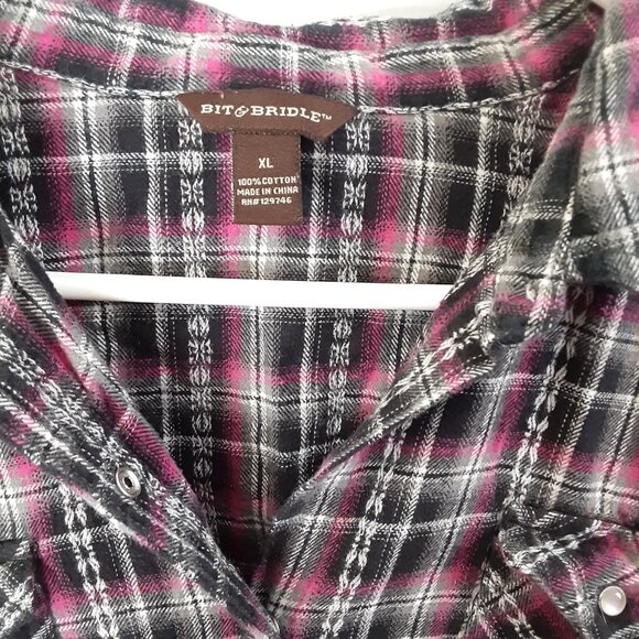 Bit & Bridle Womans Flannel Top XL Snaps 100% Cotton Cowgirl Pockets Western - Picture 3 of 10
